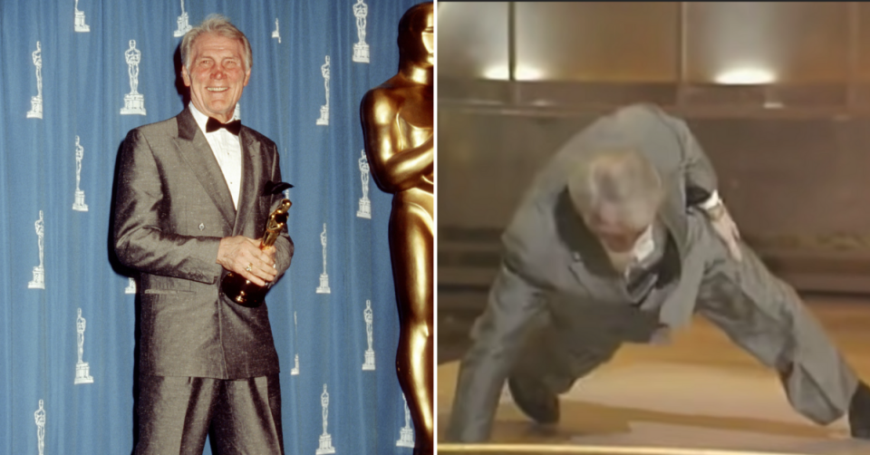 Jack Palance pictured left with his award and at right after he dropped to the floor to do one-handed push-ups after accepting his Oscar.