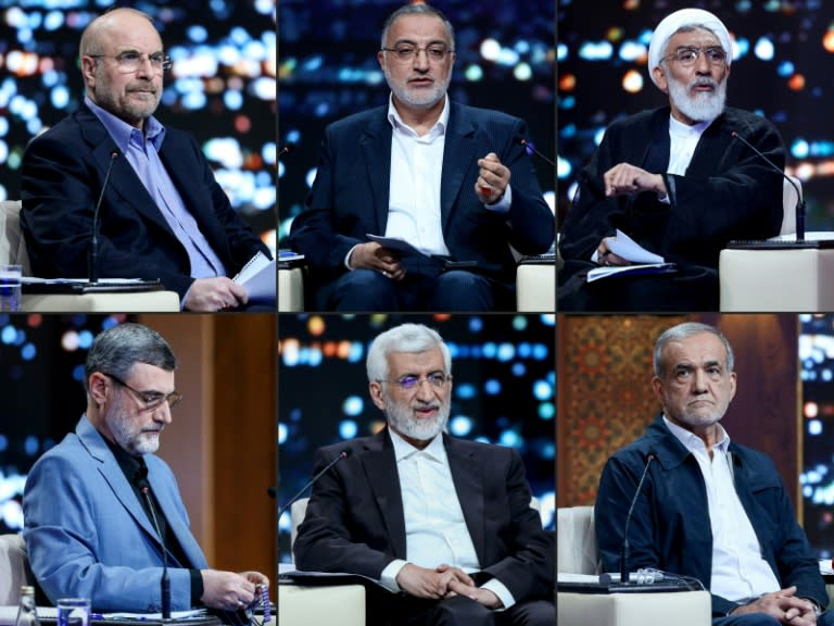 (Ce combo créé le 18 juin 2024 à partir d'images fournies par la République islamique d'Iran montre les candidats à la présidentielle (de g à d) Mohammad Bagher Ghalibaf, Alireza Zakani, Mostafa Pourmohammadi, Masoud Pezeshkian, Saeed Jalili et Amirhossein Ghazizadeh-Hashemi pendant un débat au studio de la télévision d'État à Téhéran, le 17 juin 2024 (MORTEZA FAKHRINEJAD)