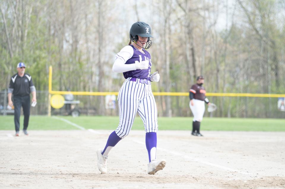 Lakeview junior Faith Hewkin crosses home plate during an invitational game against Sturgis at Lakeview High School on Saturday, Apr. 29, 2023.