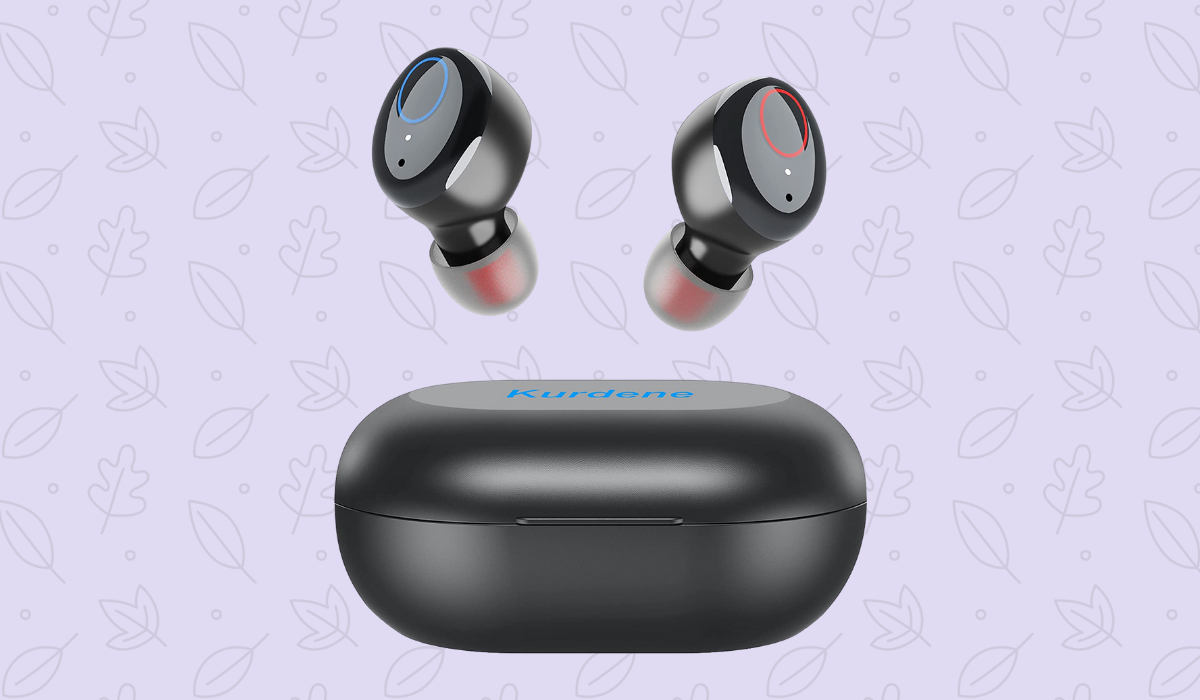 Black wireless earbuds beside a black charging case
