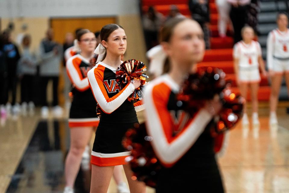 The Valley cheer squad stand for the national anthem Thursday, Jan. 25, 2024, at Valley High School.