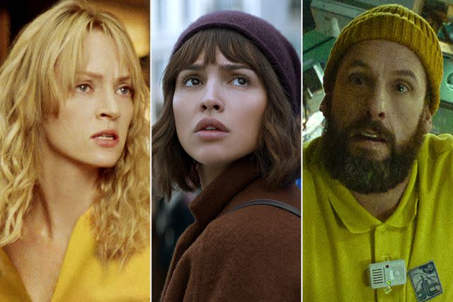 <p>A Band Apart/Miramax/Kobal/Shutterstock; Netflix (2)</p> Uma Thurman in 'Kill Bill,' Eiza González in '3 Body Problem, and Adam Sandler in 'Spaceman'