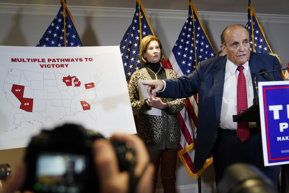 Former Mayor of New York Rudy Giuliani, a lawyer for President Donald Trump, speaks during a news conference at the Republican National Committee headquarters, Thursday Nov. 19, 2020, in Washington. (AP Photo/Jacquelyn Martin)