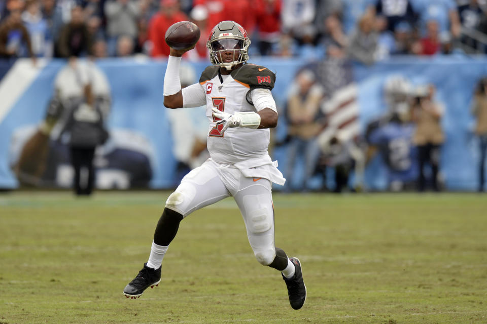 Tampa Bay Buccaneers quarterback Jameis Winston scrambles against the Tennessee Titans in the second half of an NFL football game Sunday, Oct. 27, 2019, in Nashville, Tenn. (AP Photo/Mark Zaleski)