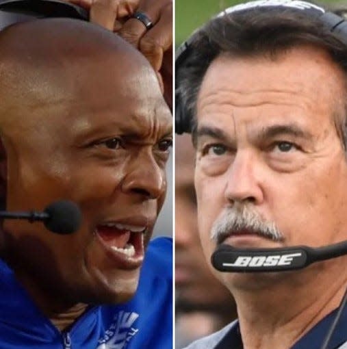 Tennessee State coach Eddie George, left, will face his former Titans coach Jeff Fisher in the NFLPA Collegiate Bowl on Jan. 28.