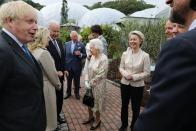 <p>At the reception, Her Majesty and other senior royals, including Prince Charles, met with the G7 leaders. Here she is, meeting with the President and First Lady Jill Biden. </p>