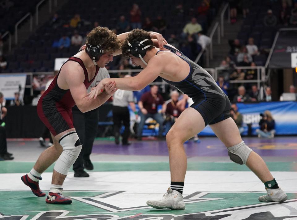 Nyack's Sam Szerlip wrestles Carmel's Leo Venables in the 170-pound third place match at the NYSPHSAA Wrestling Championships at MVP Arena in Albany, on Saturday, February 25, 2023.