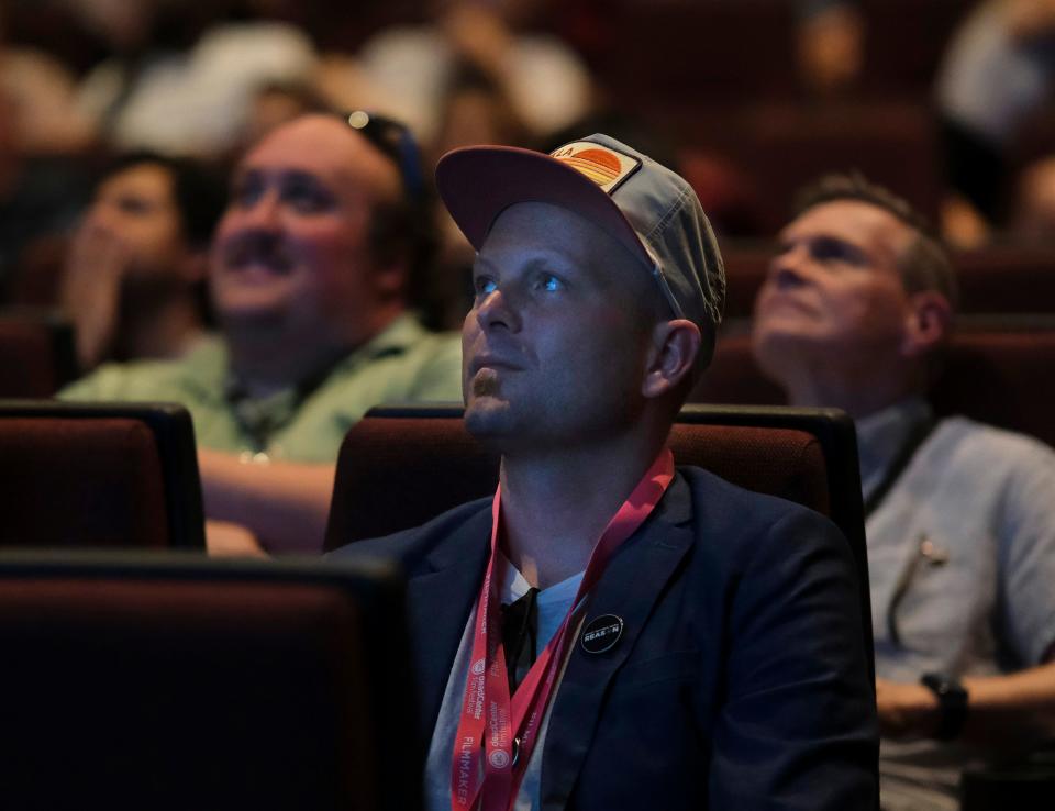 Oklahoma City director Kyle William Roberts watches his film, "What Rhymes with Reason," with a sold-out audience at the Harkins Bricktown 16 during the opening day of deadCenter Film Festival in Oklahoma City, Thursday, June 8, 2023.