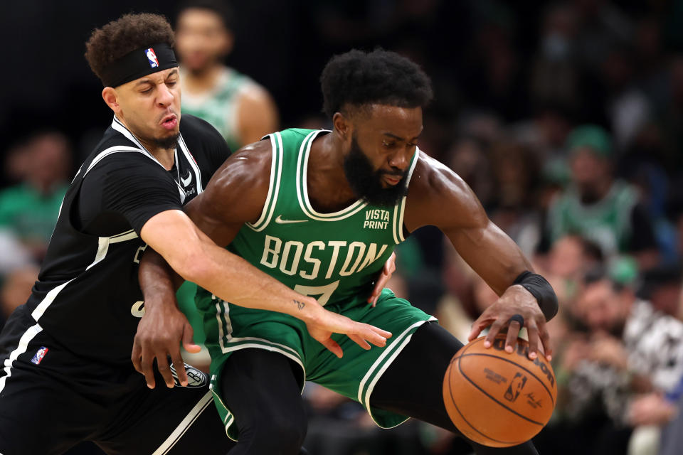 Seth Curry and Jaylen Brown, pictured here in action during Game 2 between the Boston Celtics and Brooklyn Nets.