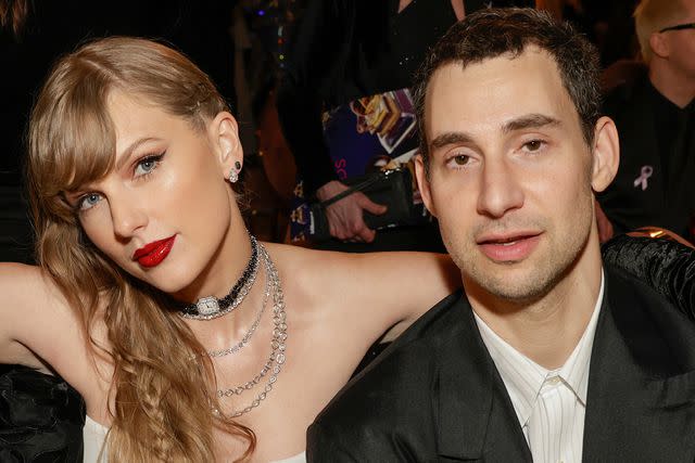 <p>Francis Specker/CBS via Getty</p> Taylor Swift and Jack Antonoff at the 2024 Grammys