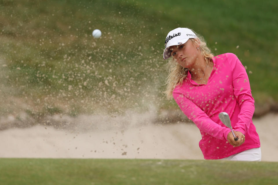 Gianna Clemente plays her shot from a bunker on the fifth hole during the third round of the Mizuho Americas Open at Liberty National Golf Club on June 3, 2023 in Jersey City, New Jersey. (Photo by Elsa/Getty Images)