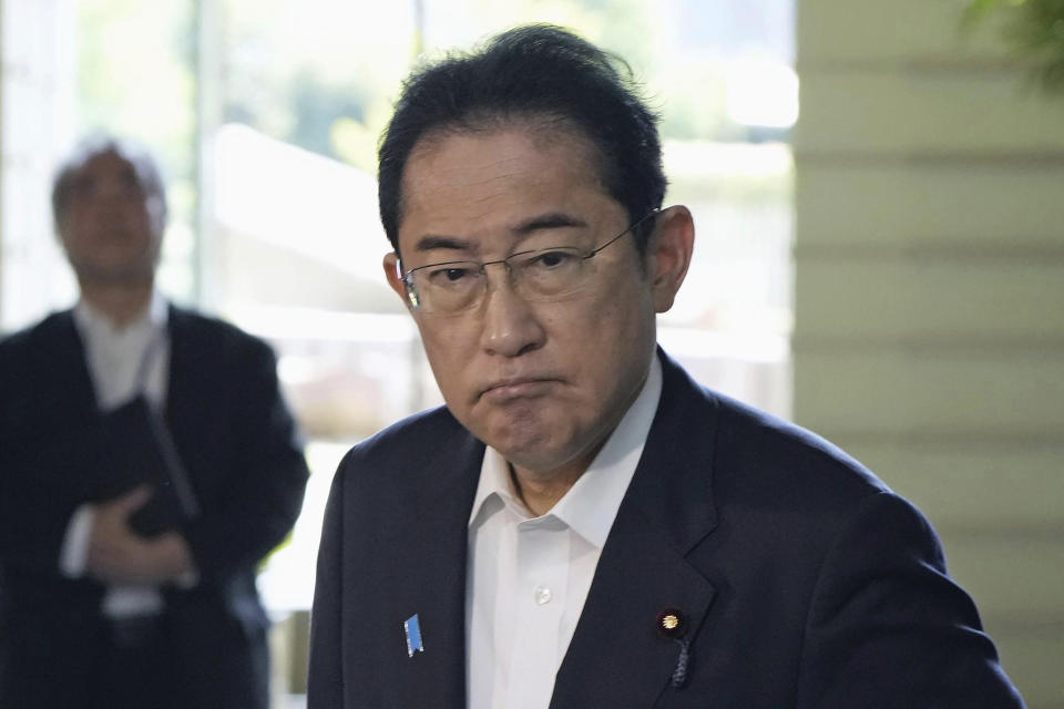 Japan’s Prime Minister Fumio Kishida meets the journalists about North Korea's missile launch, at his office in Tokyo Tuesday, July 25, 2023. North Korea fired two short-range ballistic missiles into its eastern sea, South Korea’s military said Tuesday. Kishida said his government lodged a protest to North Korea over the launches, which is usually conveyed through its embassy in Beijing. (Kyodo News via AP)