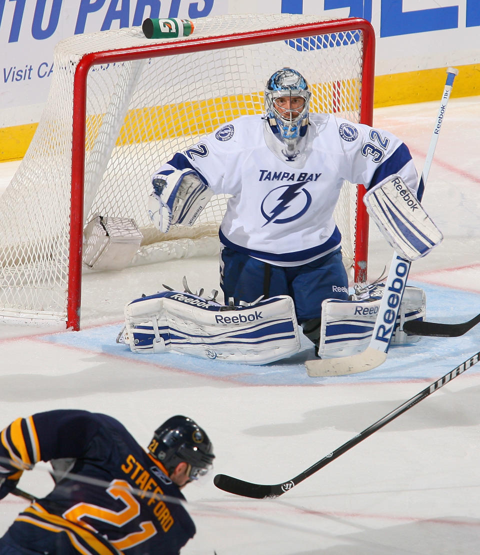 BUFFALO, NY - OCTOBER 25: Mathieu Garon #32 of the Tampa Bay Lightning awaits a shot by Drew Stafford #21 of the Buffalo Sabres at First Niagara Center on October 25, 2011 in Buffalo, New York. (Photo by Rick Stewart/Getty Images)