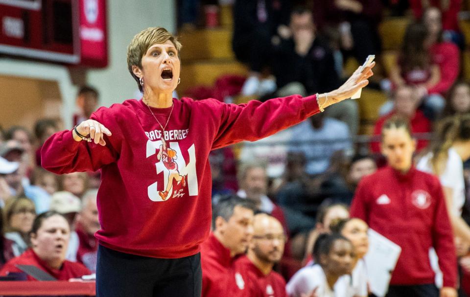 Indiana Head Coach Teri Moren, wearing a Grace Berger sweatshirt, instructs her team during the first half of the Indiana versus North Carolina women's basektball game at Simon Skjodt Assembly Hall on Thursday, Dec. 1, 2022.