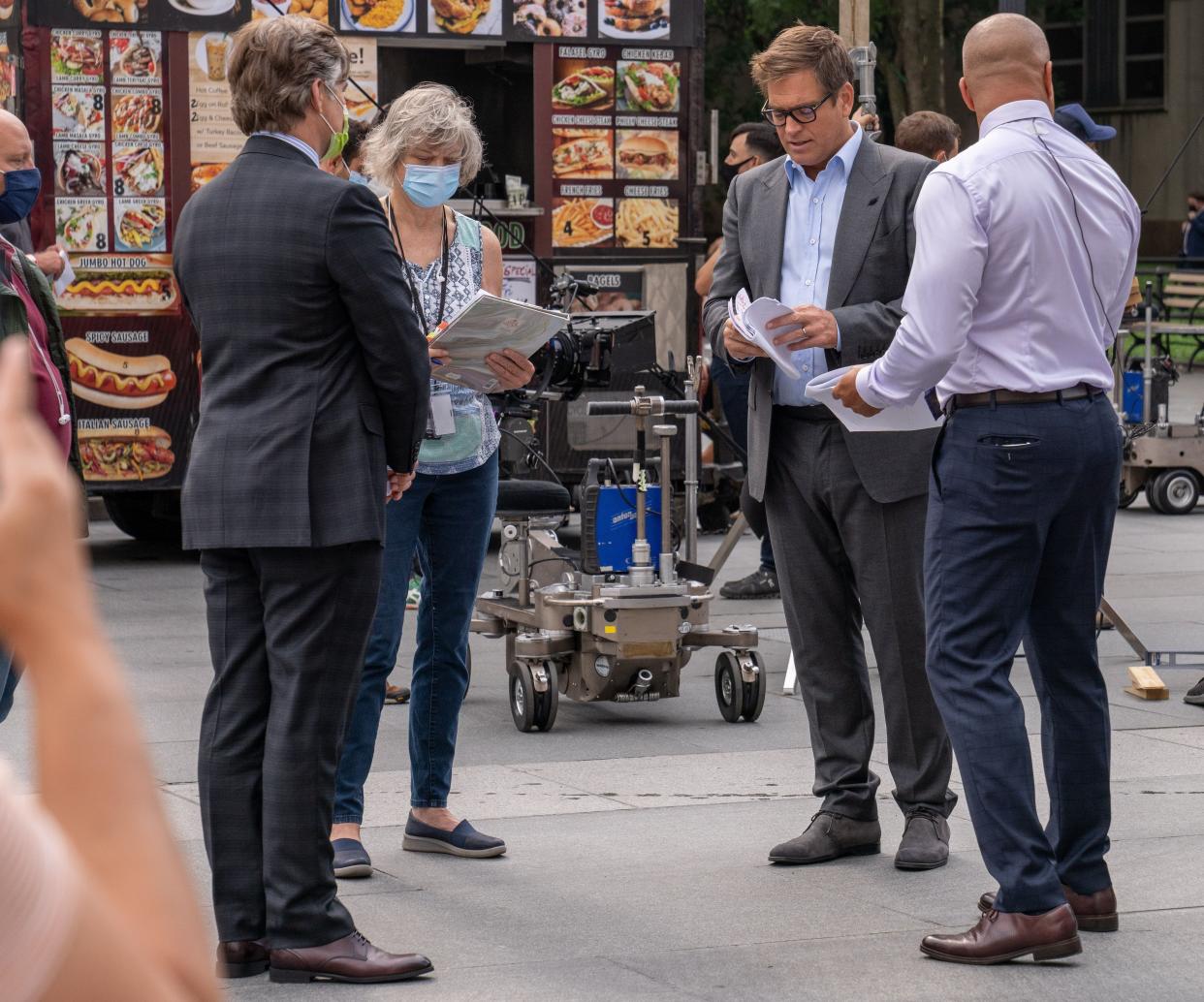 Michael Weatherly and Christopher Jackson spotted filming "Bull" in Brooklyn, New York City on Thursday, July 29, 2021.