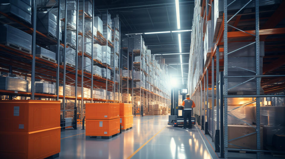 An interior of a modern temperature-controlled warehouse with industrial shelving units and workers in motion.