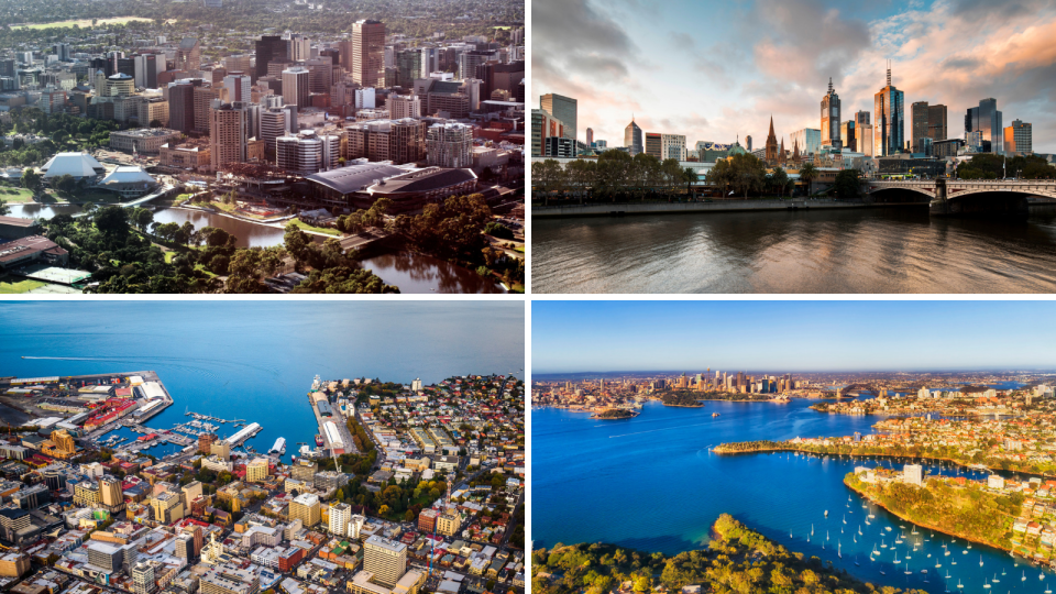 Adelaide, Melbourne, Hobart, and Sydney saw double-digit property price growth in the 12 months leading up to 31 May 2019. (Photos: Getty)