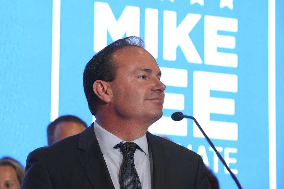 Sen. Mike Lee, R-Utah, talks to supporters during a Republican primary-night party Tuesday, June 28, 2022, in South Jordan, Utah. Lee defeated two challengers in the primary. (AP Photo/George Frey)