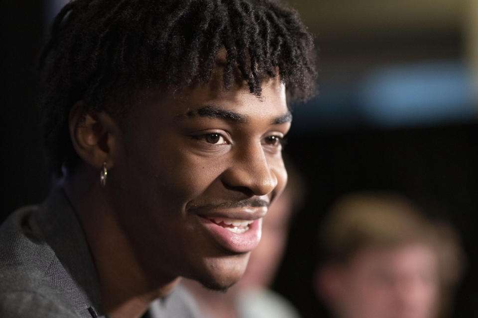 Ja Morant, a sophomore basketball player from Murray State, attends the NBA Draft media availability, Wednesday, June 19, 2019, in New York. The draft will be held Thursday, June 20. (AP Photo/Mark Lennihan)