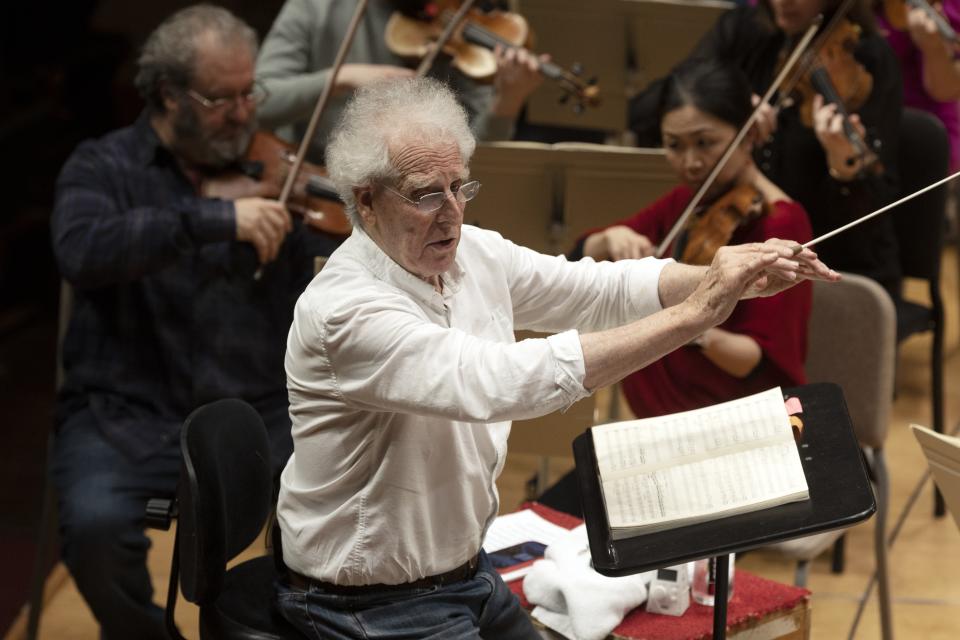 Benjamin Zander conducts the Boston Philharmonic Orchestra during a rehearsal of Beethoven's Ninth Symphony at Symphony Hall, Sunday, Feb. 19, 2023, in Boston. (AP Photo/Michael Dwyer)