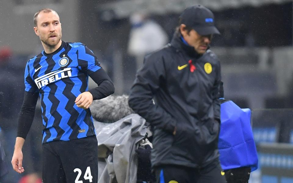 Inter Milan coach Antonio Conte and Christian Eriksen before he comes on as a substitute. - REUTERS