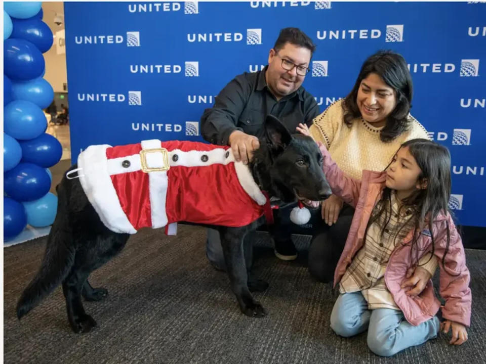 El cachorro con su nueva familia en el aeropuerto (United Airlines)