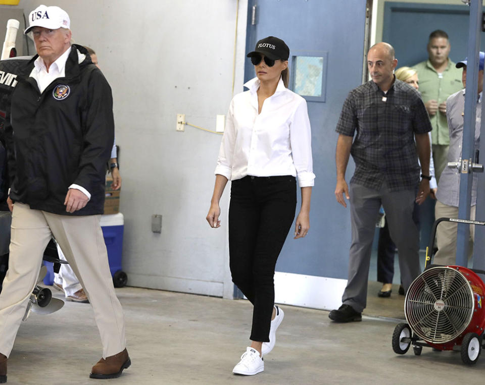 President Trump and first lady Melania Trump arrive to take part in a briefing on Hurricane Harvey relief efforts at Firehouse 5 in Corpus Christi, Texas, on Aug. 29, 2017. (Photo: AP/REX/Shutterstock)