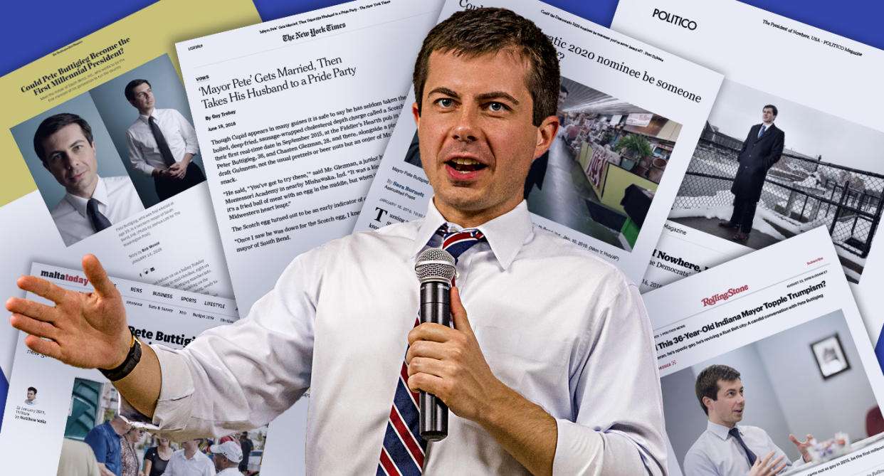 South Bend, Ind., Mayor Pete Buttigieg. (Yahoo News photo illustration; photos: Robert Franklin/South Bend Tribune via AP; Malta Today; Washington Post; New York Times; Chicago Tribune; Politico; Rolling Stone)