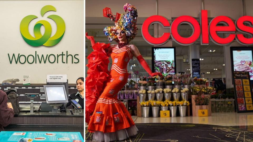 A Woolworths checkout counter on the left, and a drag queen promoting Little Shop in front of a Coles store on the right.