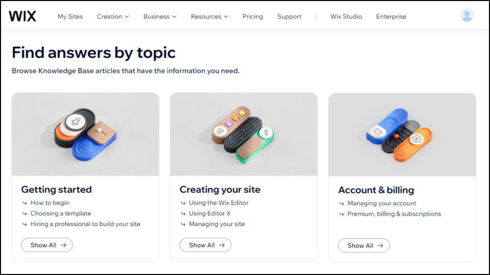 Wix support page screenshot