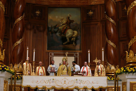 Archbishop of Beirut Paul Youssef Matar(C) heads a mass in Saint George Maronite Cathedral during the inauguration of its bell tower in downtown Beirut, Lebanon November 19, 2016. REUTERS/Mohamed Azakir