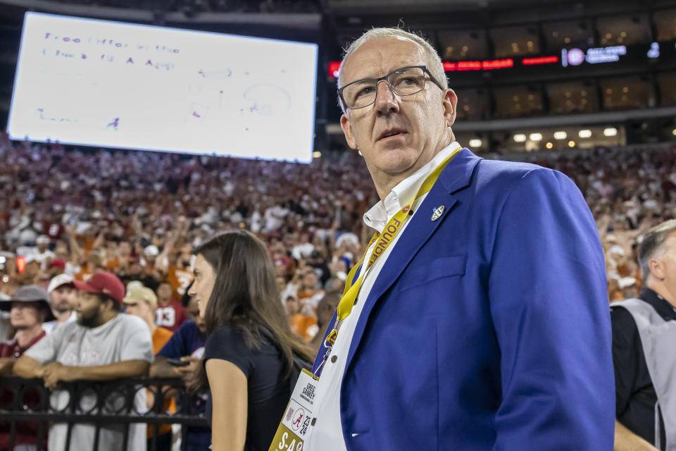 Southeastern Conference commissioner Greg Sankey visits the field during the second half of an NCAA college football game between Alabama and Texas , Saturday, Sept. 9, 2023, in Tuscaloosa, Ala. (AP Photo/Vasha Hunt)