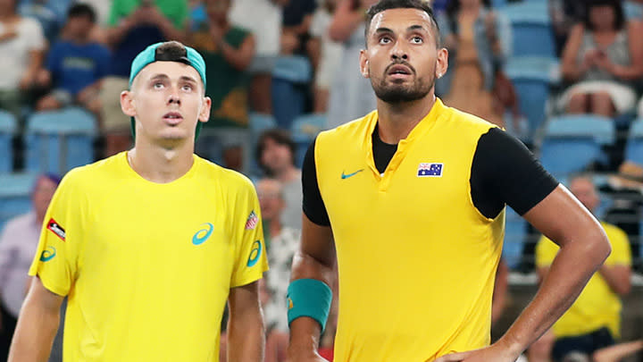 Alex de Minaur and Nick Kyrgios, pictured here in action at the ATP Cup.