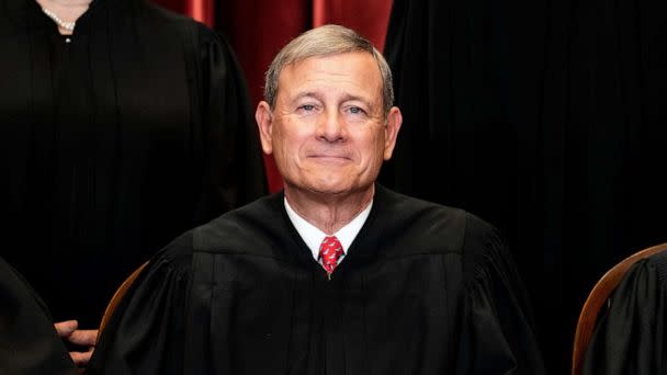 PHOTO: Chief Justice John Roberts sits during a group photo of the Justices at the Supreme Court in Washington, April 23, 2021. (Pool/AFP via Getty Images, FILE)