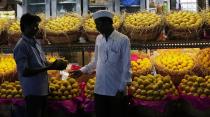 In this Tuesday, May 6, 2014 photo, an Indian vendor, left, shows samples of Alphonso mangoes to a customer at a whole sale market in Mumbai, India. Starting May 1, the EU banned imports of Indian mangoes including the Alphonso, considered the king of all the mango varieties available in South Asia. The ban was implemented because a large number of shipments were contaminated with fruit flies. (AP Photo/Rajanish Kakade)