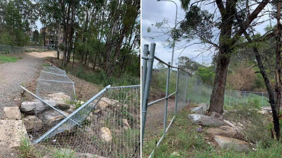 A collapsed fence near where a needle was found close to Campbelltown Hospital. Source: Facebook