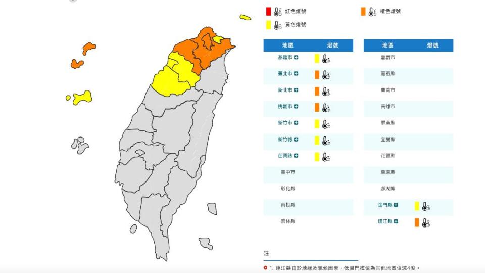 氣象署也針對9縣市發布低溫特報。（圖／氣象署提供）