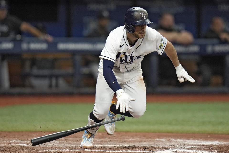 Tampa Bay Rays' Brandon Lowe heads for first base after hitting a walk off single against Colorado Rockies relief pitcher Brent Suter during the 10th inning of a baseball game Wednesday, Aug. 23, 2023, in St. Petersburg, Fla. (AP Photo/Chris O'Meara)