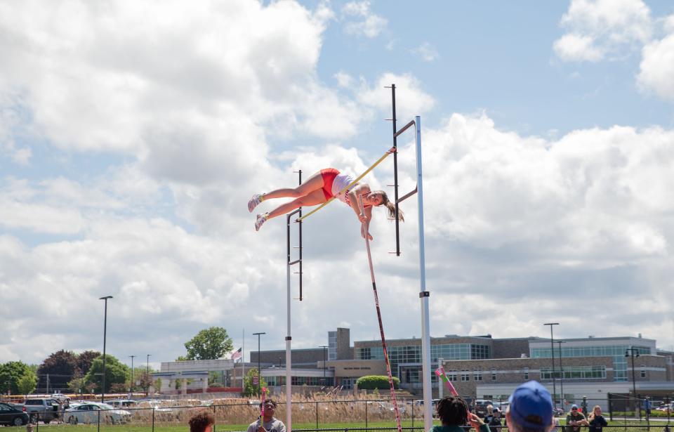 Hilton senior clears 12 feet-10 inches during the pole vault competition in the Section V Class A1 Championships at Hilton.