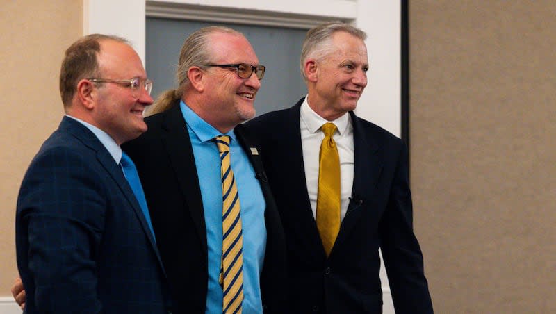 From left, Libertarian presidential candidates Dr. Charles Ballay, Lars Mapstead and Mike ter Maat smile for a photo after a debate at the state Libertarian Party convention at DoubleTree by Hilton Hotel in Salt Lake City on Friday, April 19, 2024.