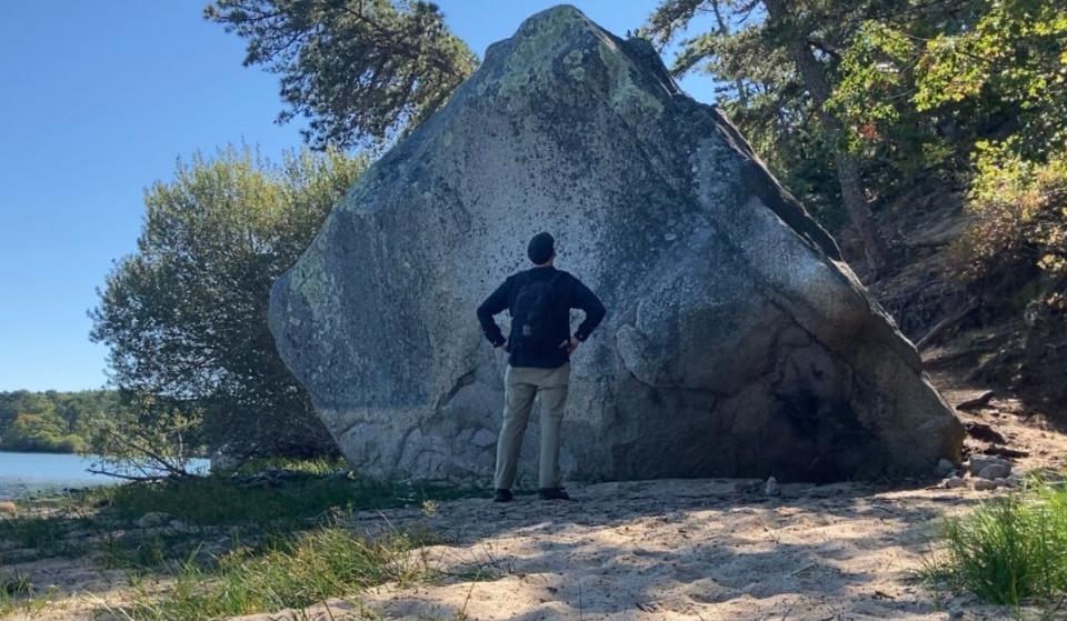 A giant rock along the Cliff Pond Trail in Nickerson State Park in Brewster.