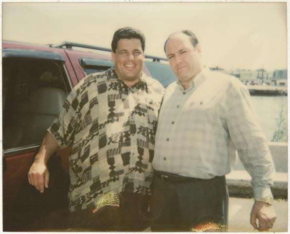 Steve Schirripa (Bobby Baccalieri on "The Sopranos") poses with star James Gandolfini (Tony Soprano) during the filming of the first episode of the HBO series in 1997.