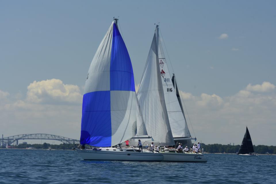 Sailboats prepare for the start of the Bayview Mackinac Race on the St. Clair River in Port Huron on Saturday, July 16, 2022.