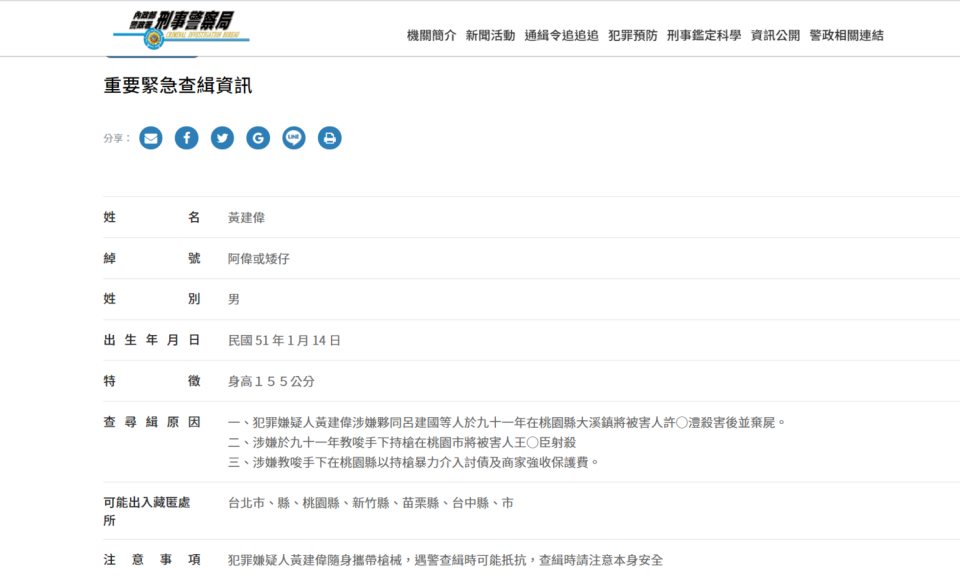 十大通緝犯黃建偉相關資料。   圖：截自內政部警政署刑事警察局官網