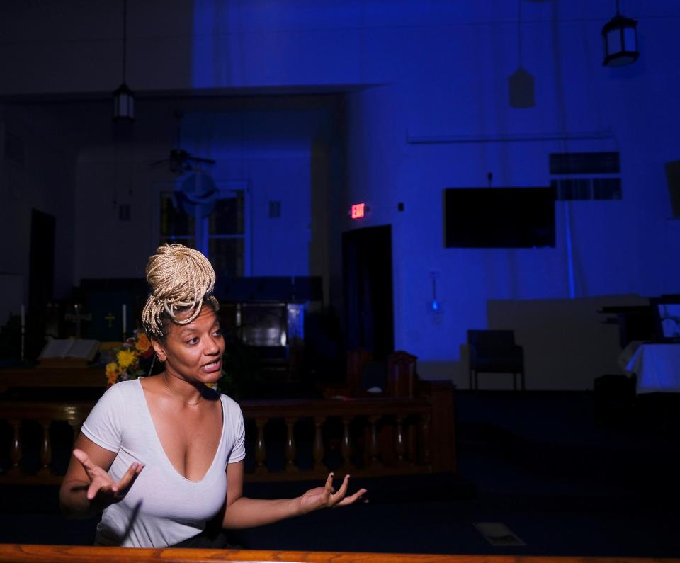 Tatyana Fazlalizadeh speaks inside her experimental video installation "The Day is Past and Gone" inside the Vernon AME Church in Tulsa's historic Greenwood District in 2021.