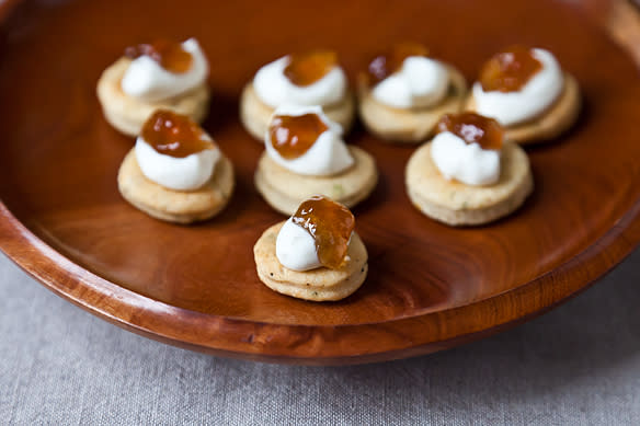 Herbed Biscuit Bites with Ricotta Cream and Onion Jam