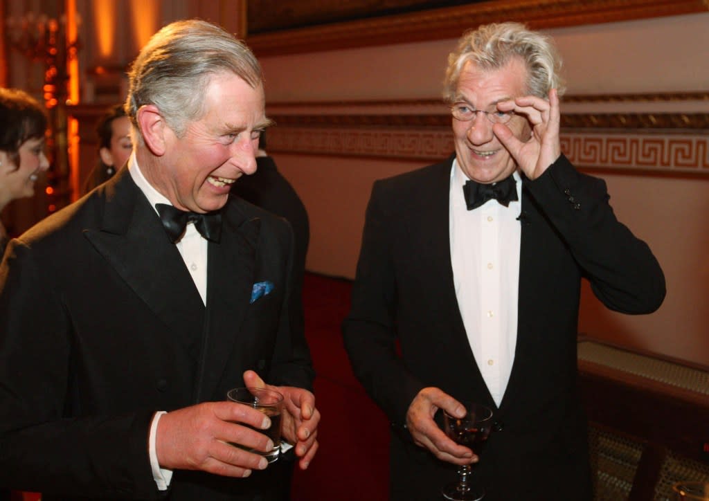 King Charles III laughs with actor Sir Ian McKellen at a gala dinner for supporters of the Prince’s Foundation for Children and the Arts at Buckingham Palace on April 23, 2008 in London, England. Tim Graham Photo Library via Getty Images