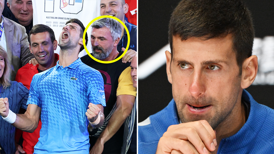 Novak Djokovic celebrates with his coach Goran Ivanisevic and Djokovic reacts.