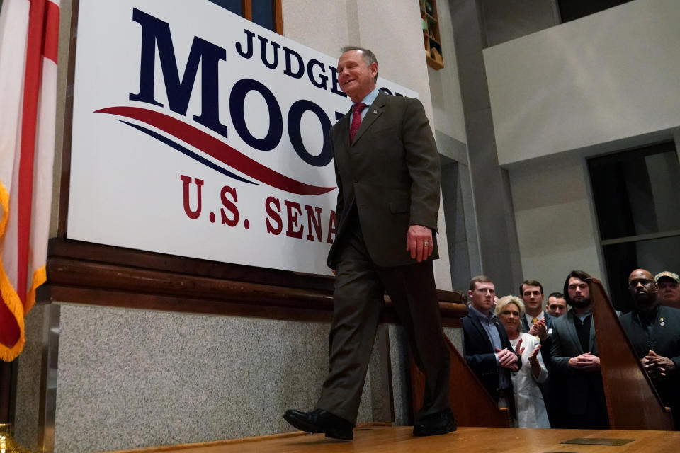 Republican U.S. Senate candidate Roy Moore walks on stage Tuesday at his election night party in Montgomery, Alabama. (Photo: Carlo Allegri / Reuters)