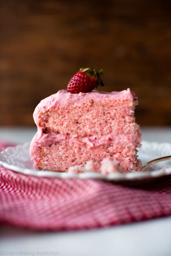 <strong>Get the <a href="https://sallysbakingaddiction.com/2018/01/05/strawberry-cake/" target="_blank">Homemade Strawberry Cake</a> recipe from Sally's Baking Addiction</strong>